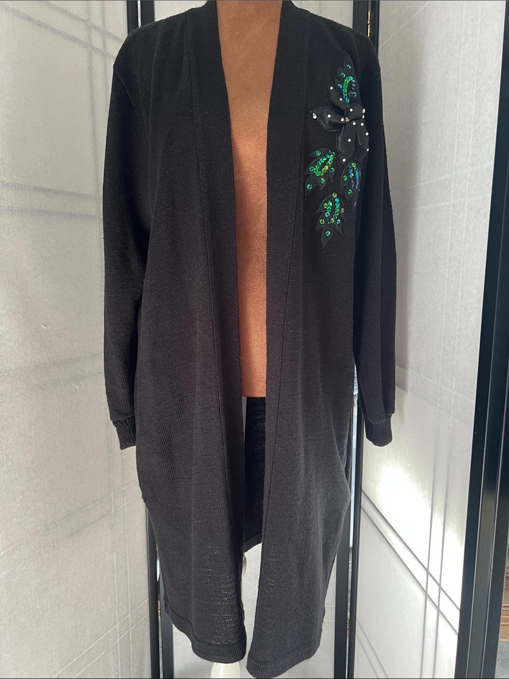 Vintage Open-Front Women's Cardigan Sweater with Embellished & Sequin Detail